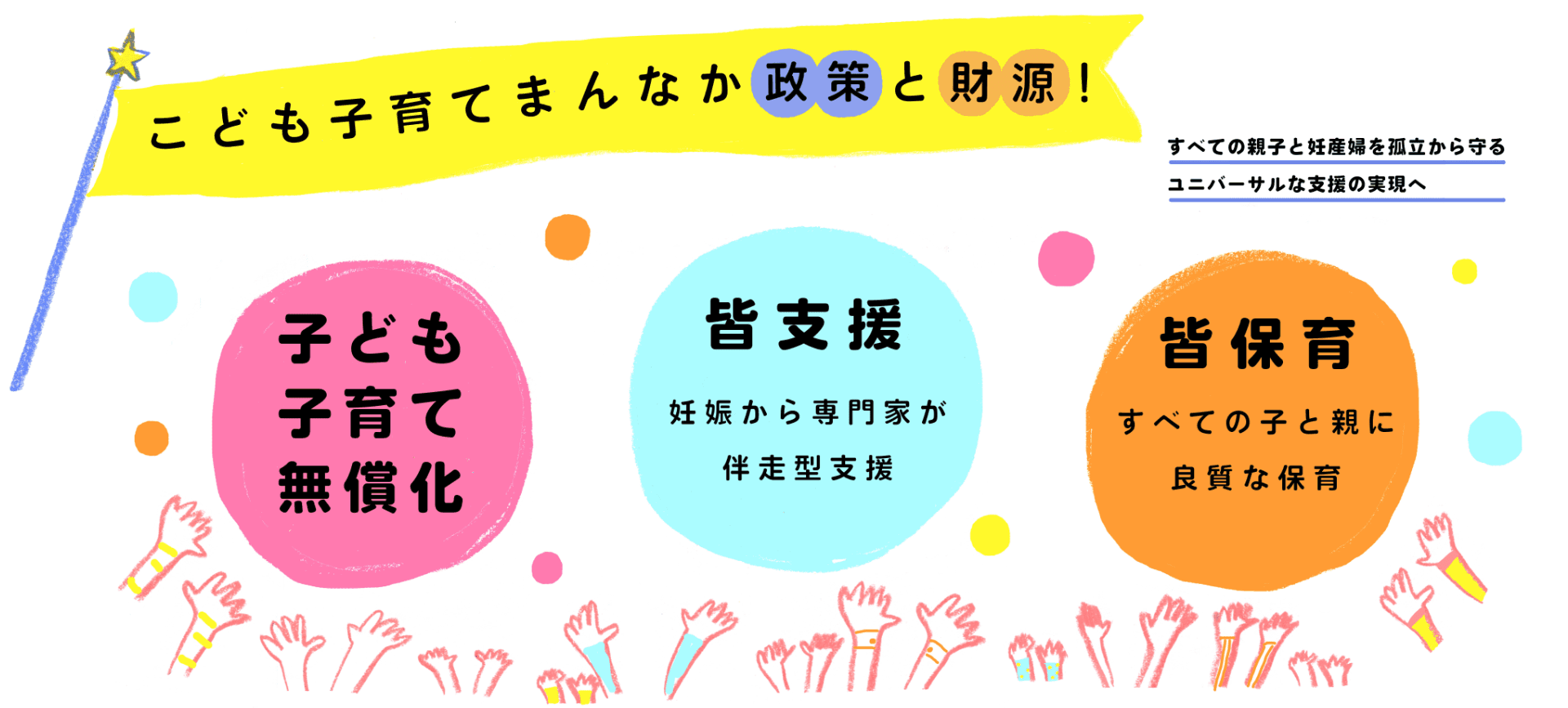 子どもと家族のための緊急提言プロジェクトが目指すのは、子育ての無償化、専門家による伴走型支援（皆支援）の確立、全ての子どもと家庭に対する保育利用の保障である